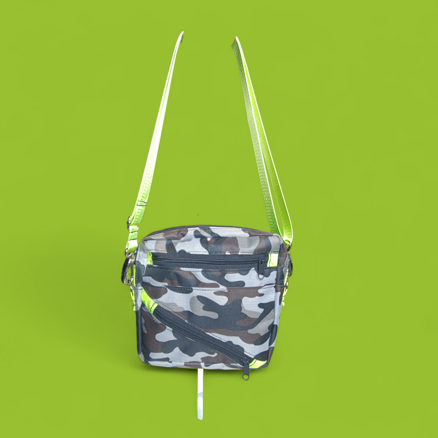 Camo 8x8 Cross body bag  with lime green straps
